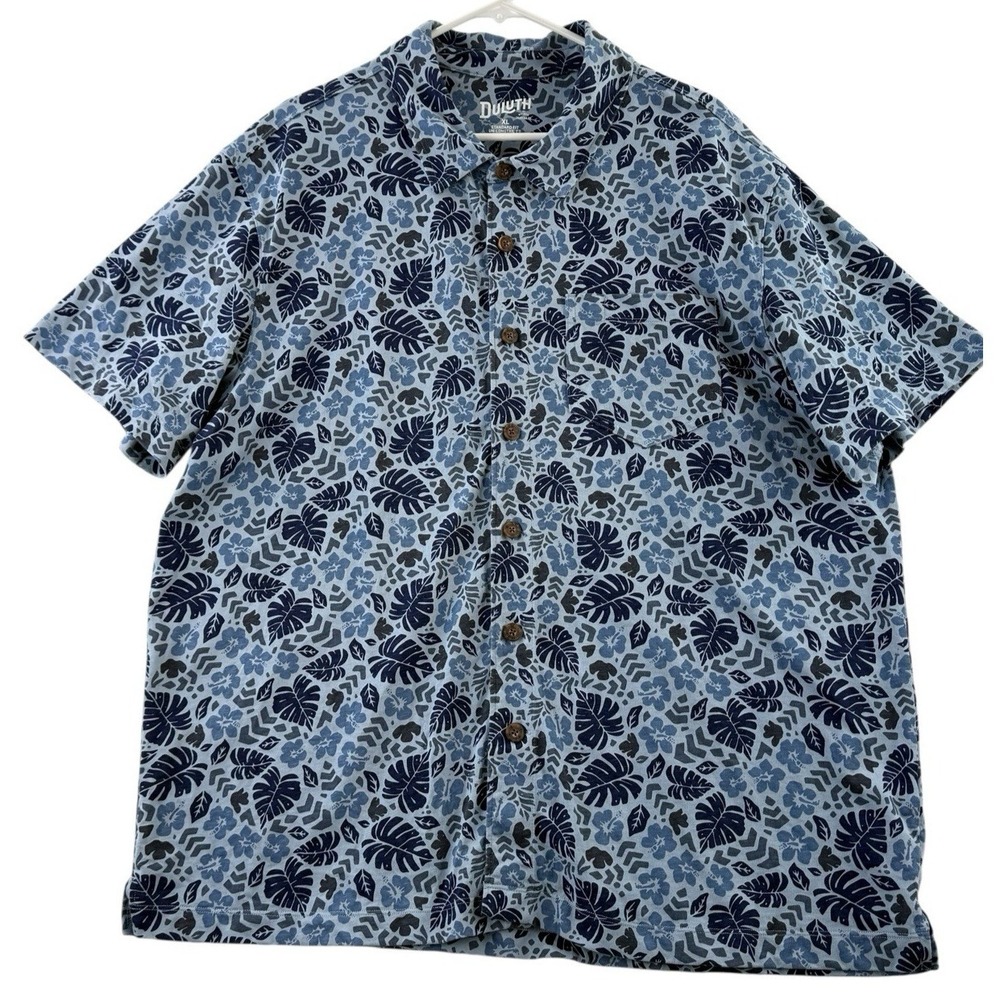 Duluth Trading Mens XL Shirt‎ Blue Hawaiian Tropical All Over Print Cotton